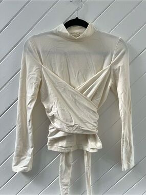 Reformation Cream Long-Sleeve Mock Neck Tie-Waist Top